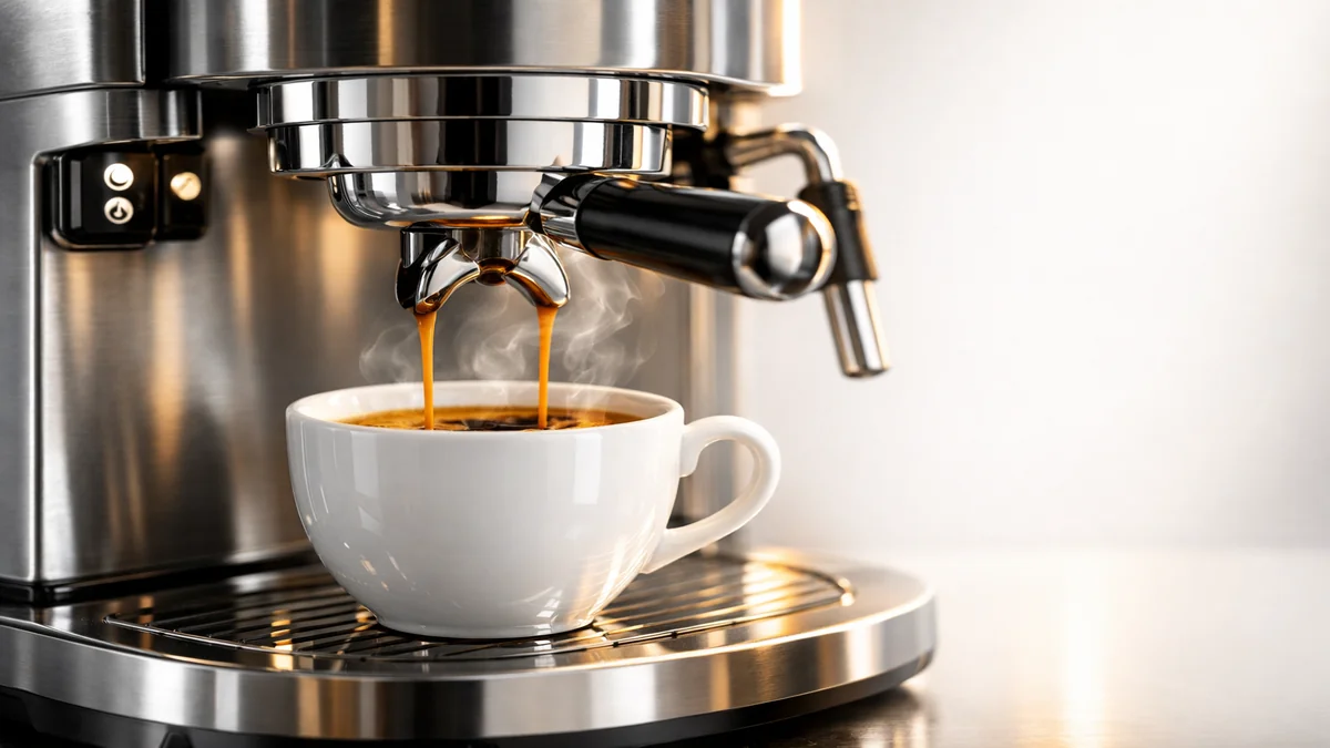 Eine glänzende, saubere Kaffeemaschine, die frischen Kaffee in eine Tasse brüht – Symbol für Hygiene und Genuss.